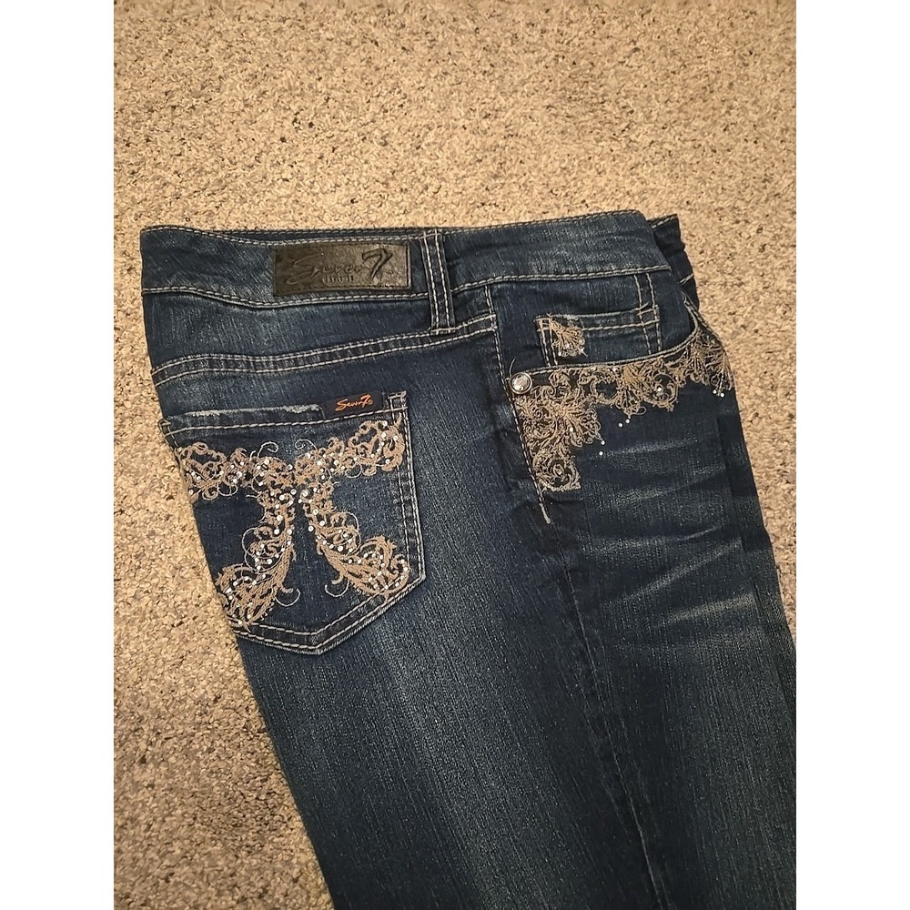 Women's Seven7 BLING Boot Flare Wide Leg Jeans Stretchy Size 10 Dark Wash Y2k - Picture 2 of 9